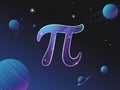 Pi Day background with a galaxy theme and glowing ? elements